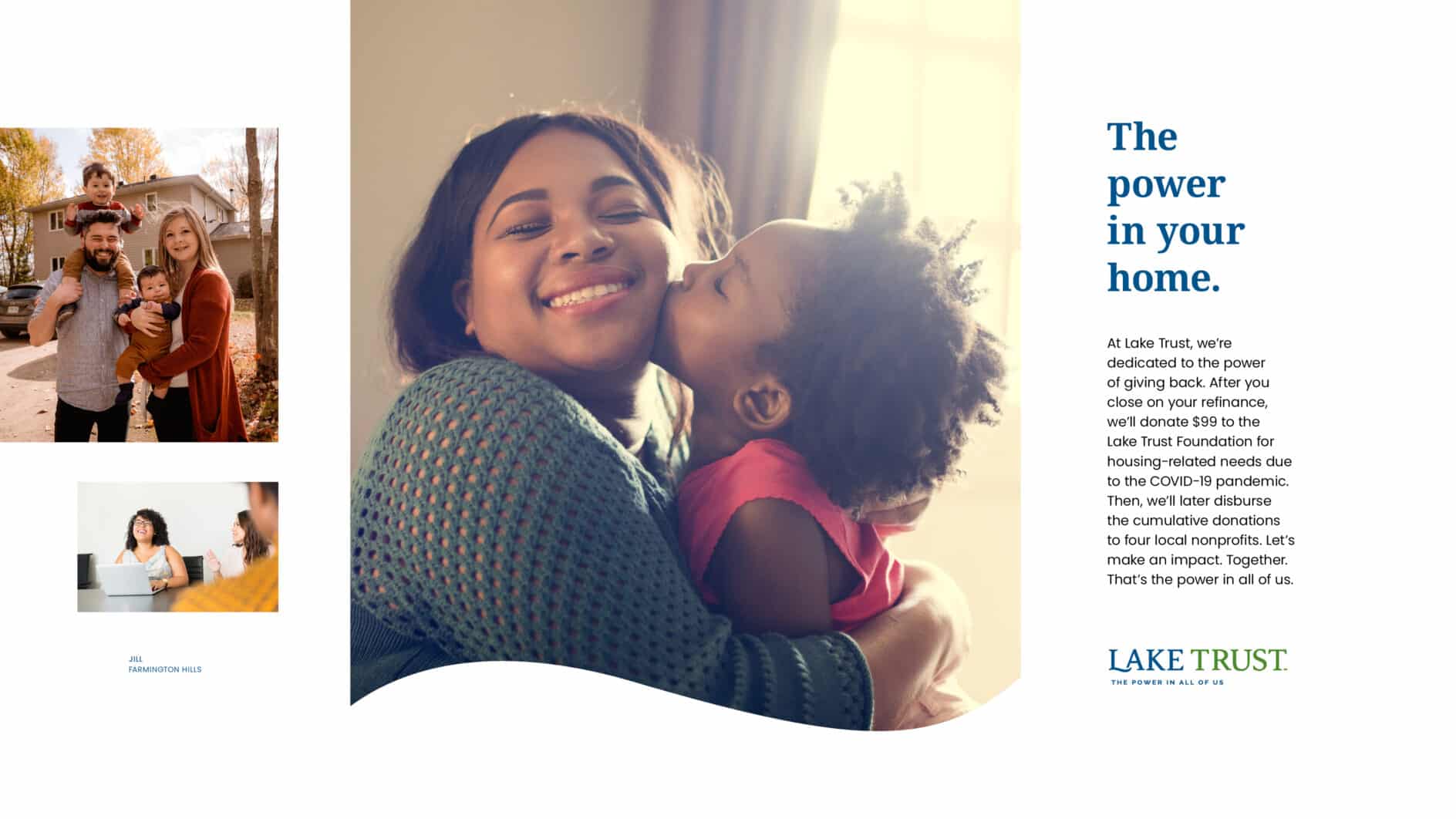 Smiling woman hugs a child in a bright room, conveying warmth and affection. Nearby, text discusses Lake Trust's community support efforts.