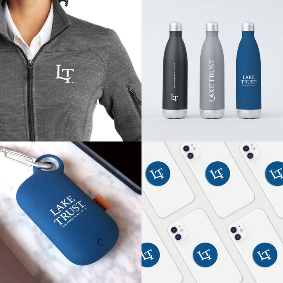 Collage of branded items: a gray jacket with "LT" logo, three water bottles labeled "Lake Trust," blue keychain, and phone cases with "LT" logo.