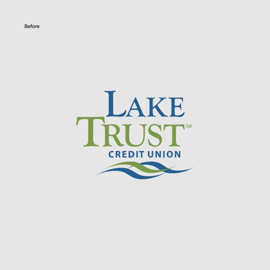 Logo for Lake Trust Credit Union with "Lake" in blue, "Trust" in green, "Credit Union" in smaller blue text below, and stylized blue and green waves.
