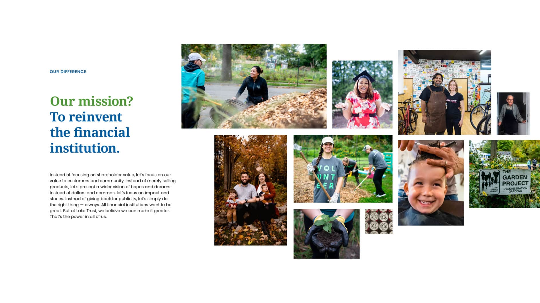 Collage of diverse people engaging in community activities, gardening, and smiling. Text reads "Our mission? To reinvent the financial institution."