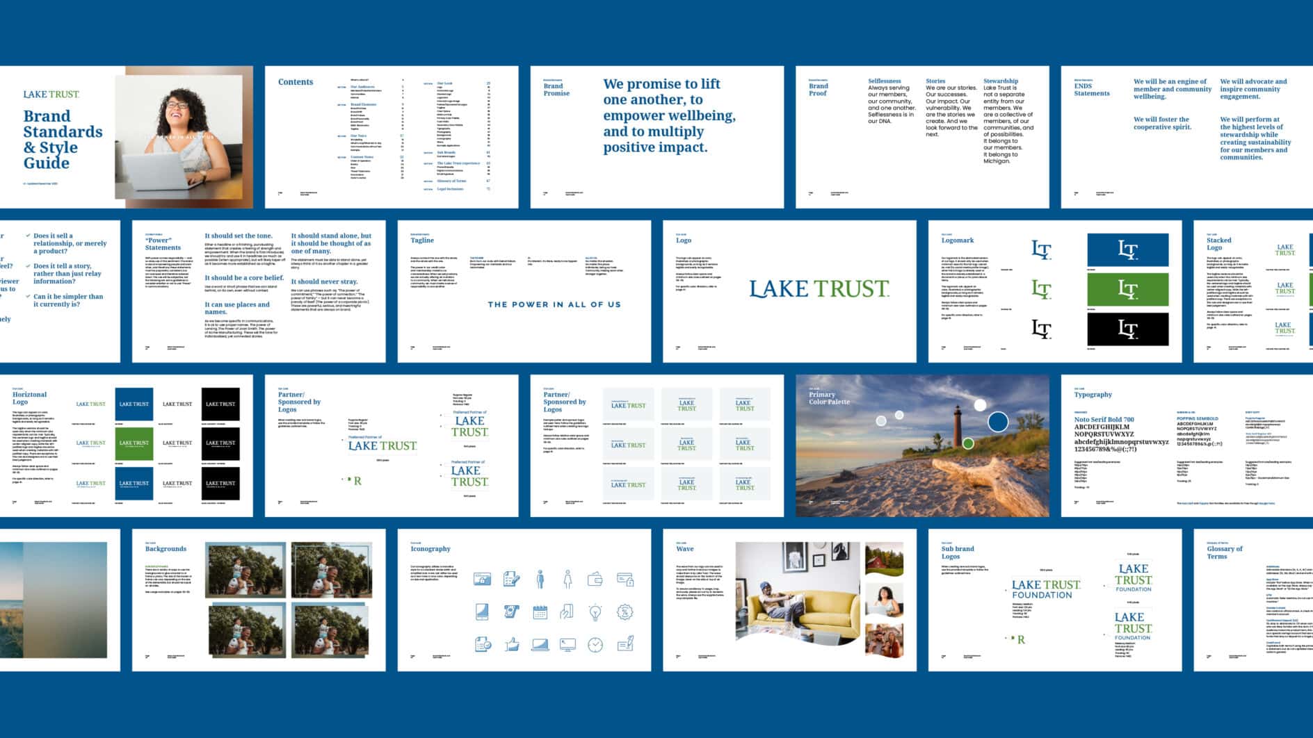 A collage of slides from a brand standards and style guide on a blue background. It features text, charts, color palettes, logos, and lifestyle images.
