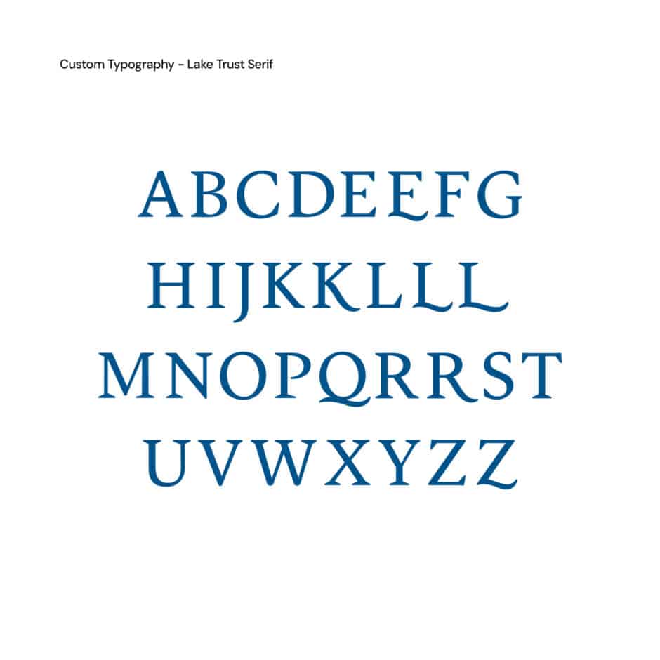 Blue serif letters in the alphabet from A to Z are displayed in four rows on a white background. Text reads "Custom Typography – Lake Trust Serif."