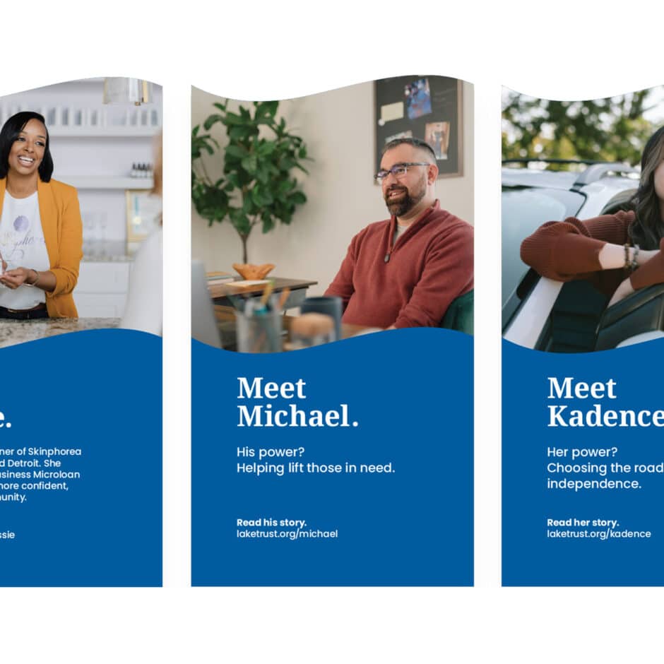 Three vertical banners feature individuals, each engaging in different activities. The left shows a smiling woman in a kitchen, the center features a man seated in an office, and the right shows a person in a car. Blue waves carry text: "Meet Cassie," "Meet Michael," and "Meet Kadence," followed by descriptions of their strengths. The banners convey empowerment and positivity.