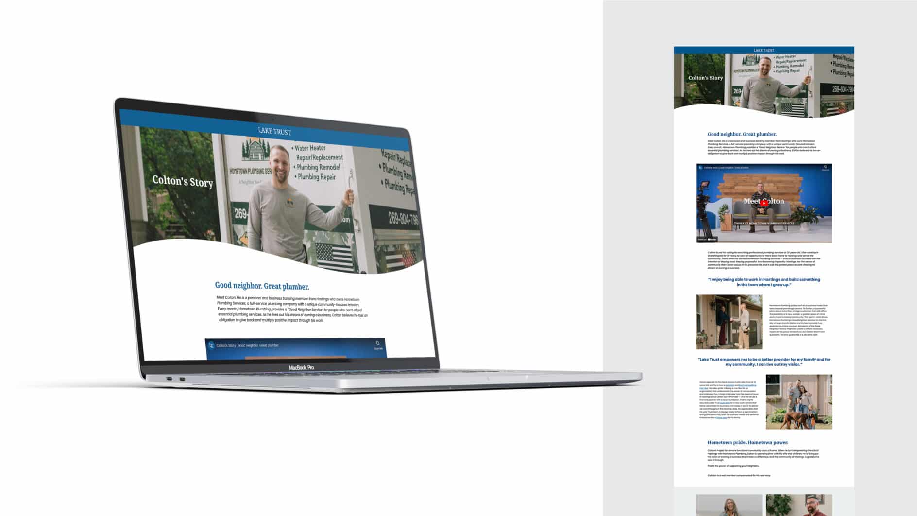 Open laptop displaying a webpage titled 'Colton's Story' with a man smiling in front of plumbing-related signs. The webpage content highlights plumbing services and community involvement, conveying a professional and friendly tone.