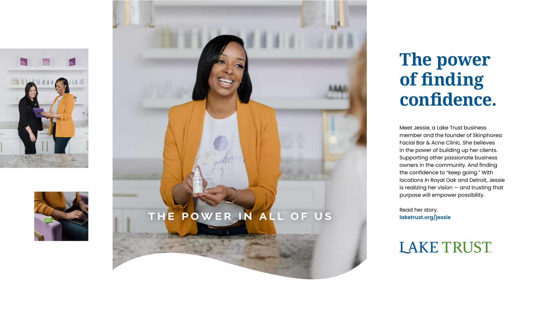A smiling woman in a bright yellow blazer holds a skincare product in a modern, well-lit clinic. Text reads, "The power in all of us." Emotion: confidence.