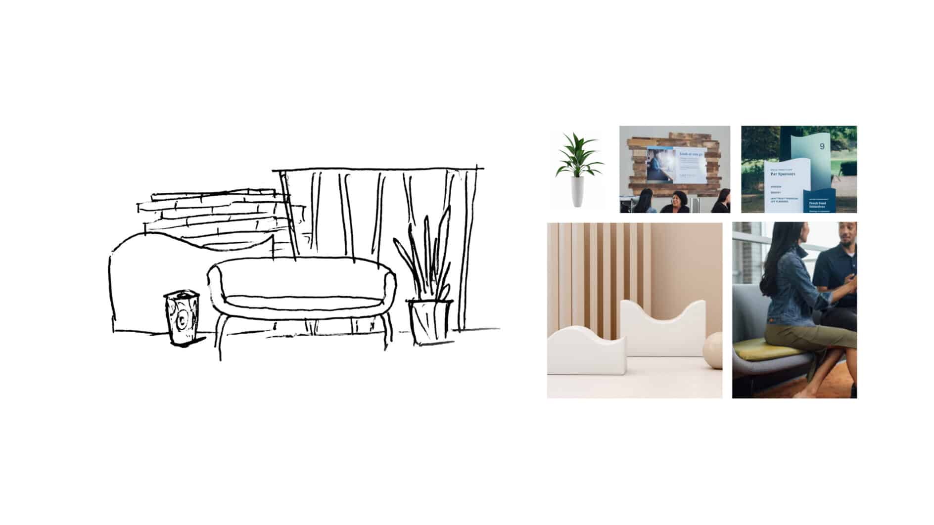A black and white sketch of a cozy room with a sofa, plant, and curtain is on the left. On the right, there's a grid of four images: a plant on a table, people at a meeting, curved room dividers, and a casual conversation between two people. The tone is modern and inviting.