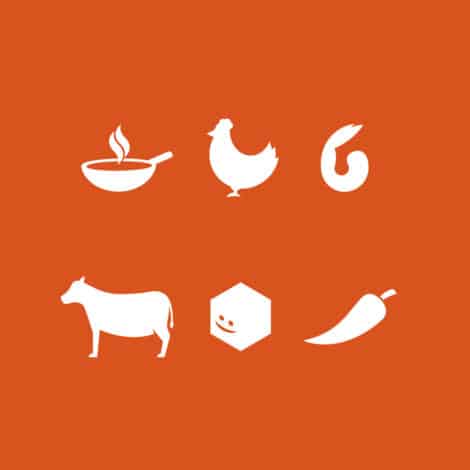 White food and ingredient icons on an orange background, including a steaming bowl, chicken, shrimp, cow, smiling hexagon, and a chili pepper.
