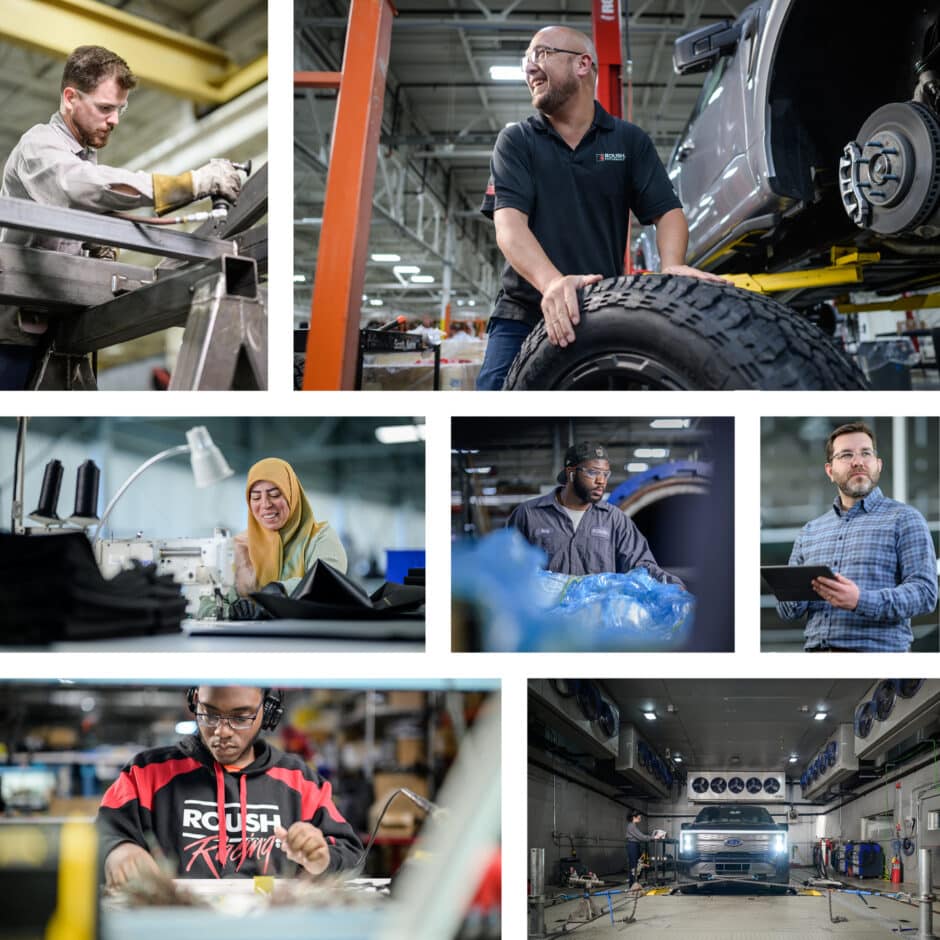 Collage of factory workers: cutting metal, examining tires, sewing, sorting materials, using a tablet, and overseeing a car in a testing facility. Energetic and focused.