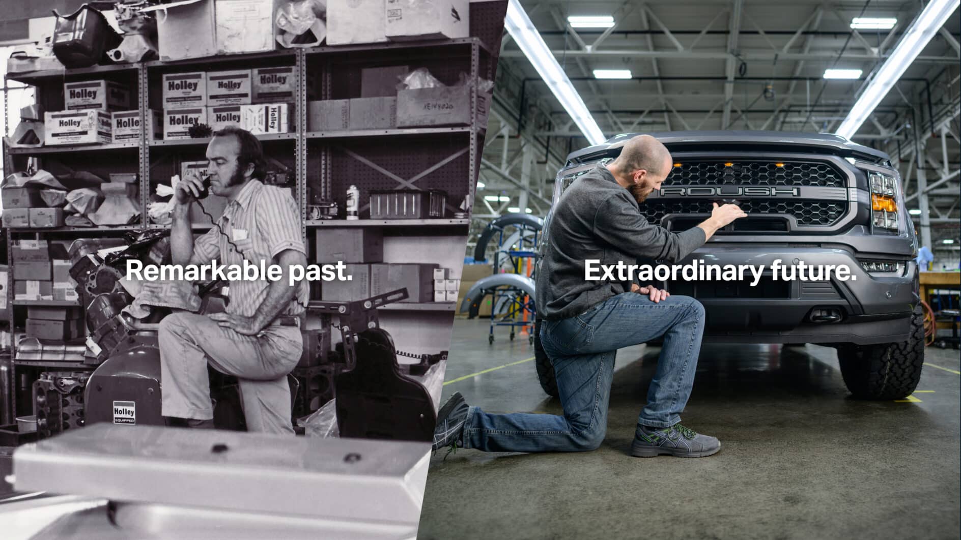 Split image showing two eras: on the left, a vintage scene of a man with a phone in a cluttered workshop; on the right, a man inspecting a modern truck in a factory. Text reads "Remarkable past." and "Extraordinary future."