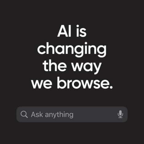 AI is changing online browsing. Image shows bold white text on a black background, above a search bar with a microphone icon, highlighting innovation.