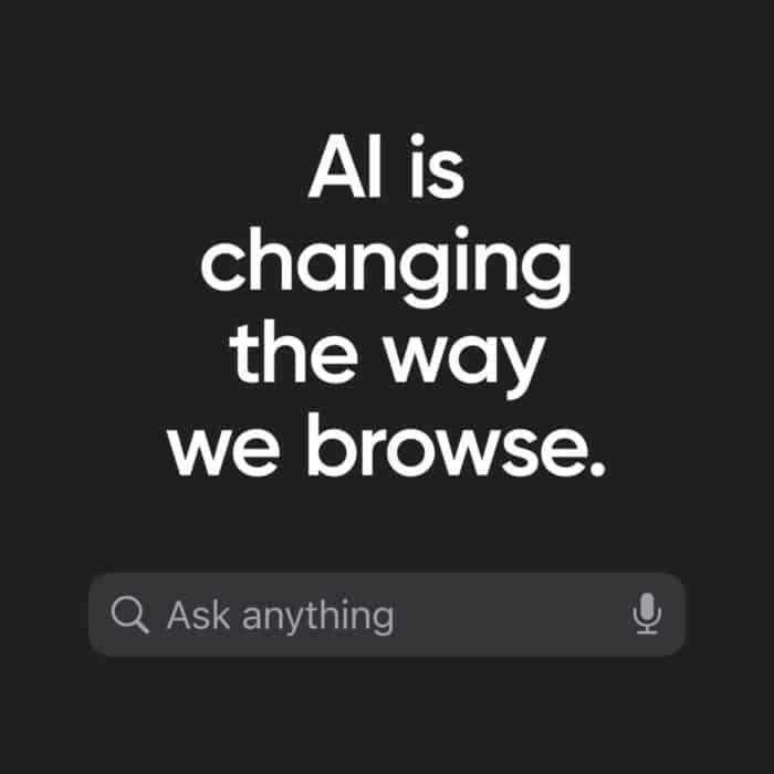 AI is changing online browsing. Image shows bold white text on a black background, above a search bar with a microphone icon, highlighting innovation.