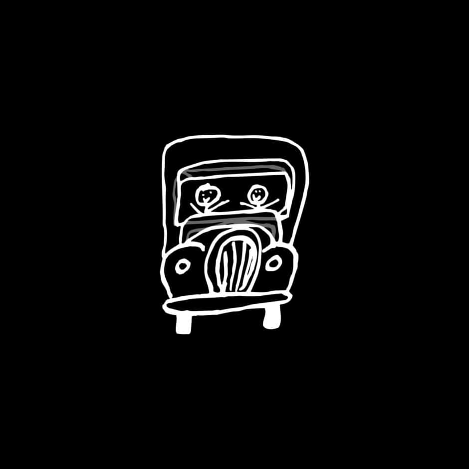 A simplistic white outline drawing of a vintage car on a black background. The minimal design gives it a whimsical, playful feel, with two faces inside.