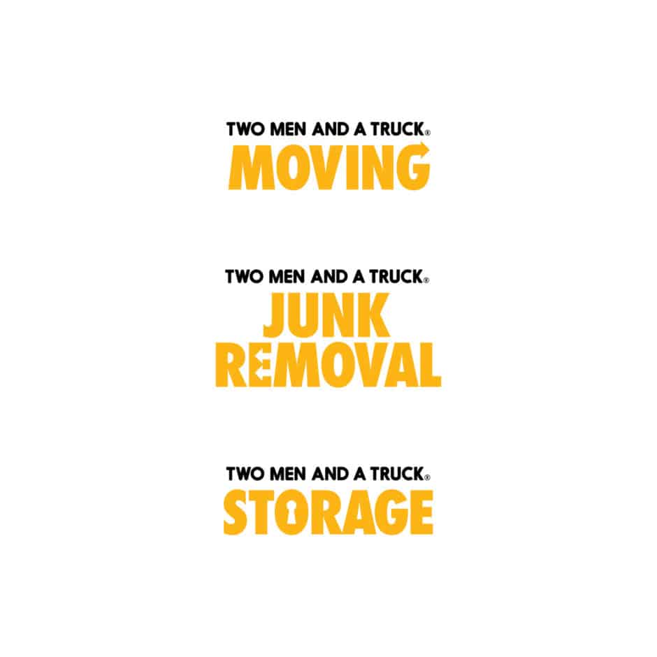 Logos of "Two Men and a Truck" services in bold text: "Moving," "Junk Removal," and "Storage" in yellow, conveying reliability and efficiency.