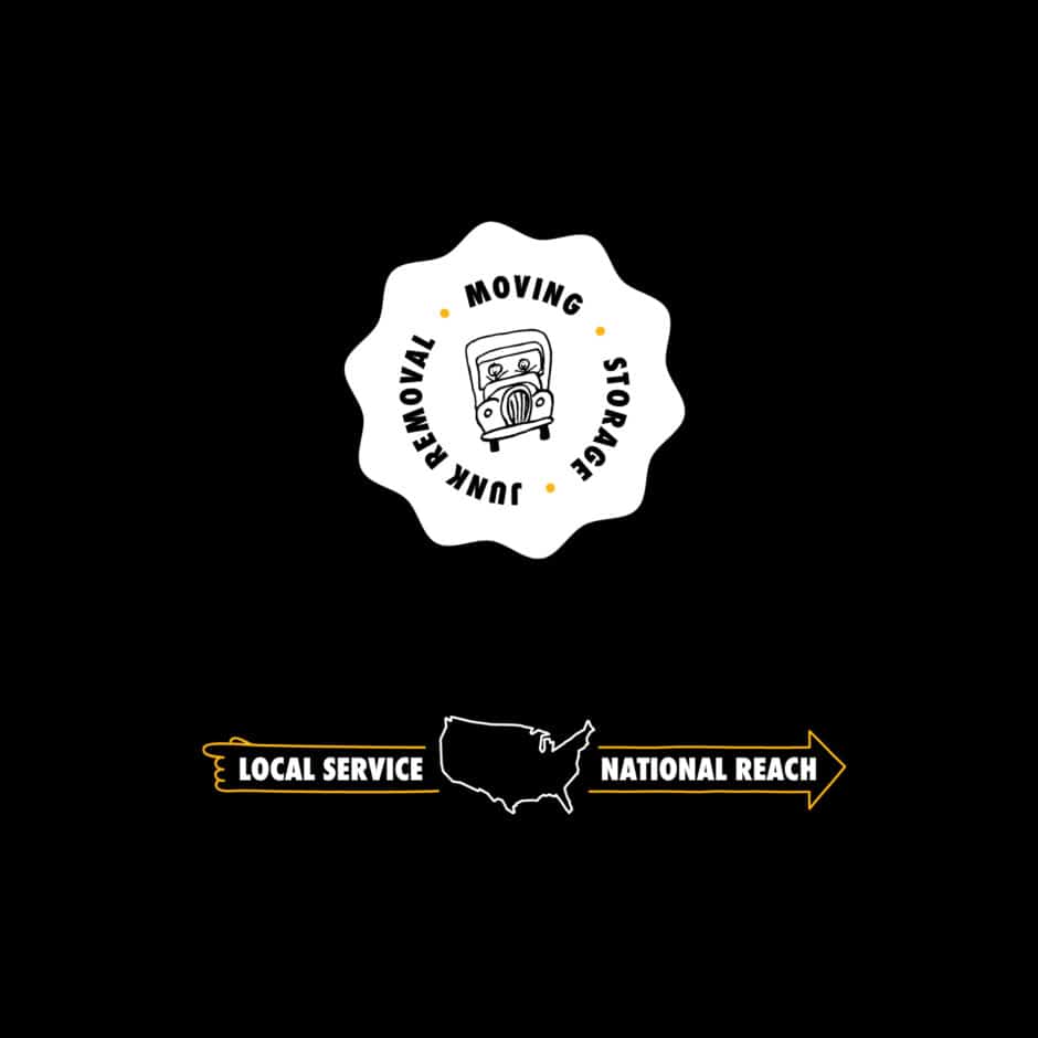 White emblem on black background shows a truck with text: "Moving, Storage, Junk Removal." Below, a U.S. map with "Local Service, National Reach."