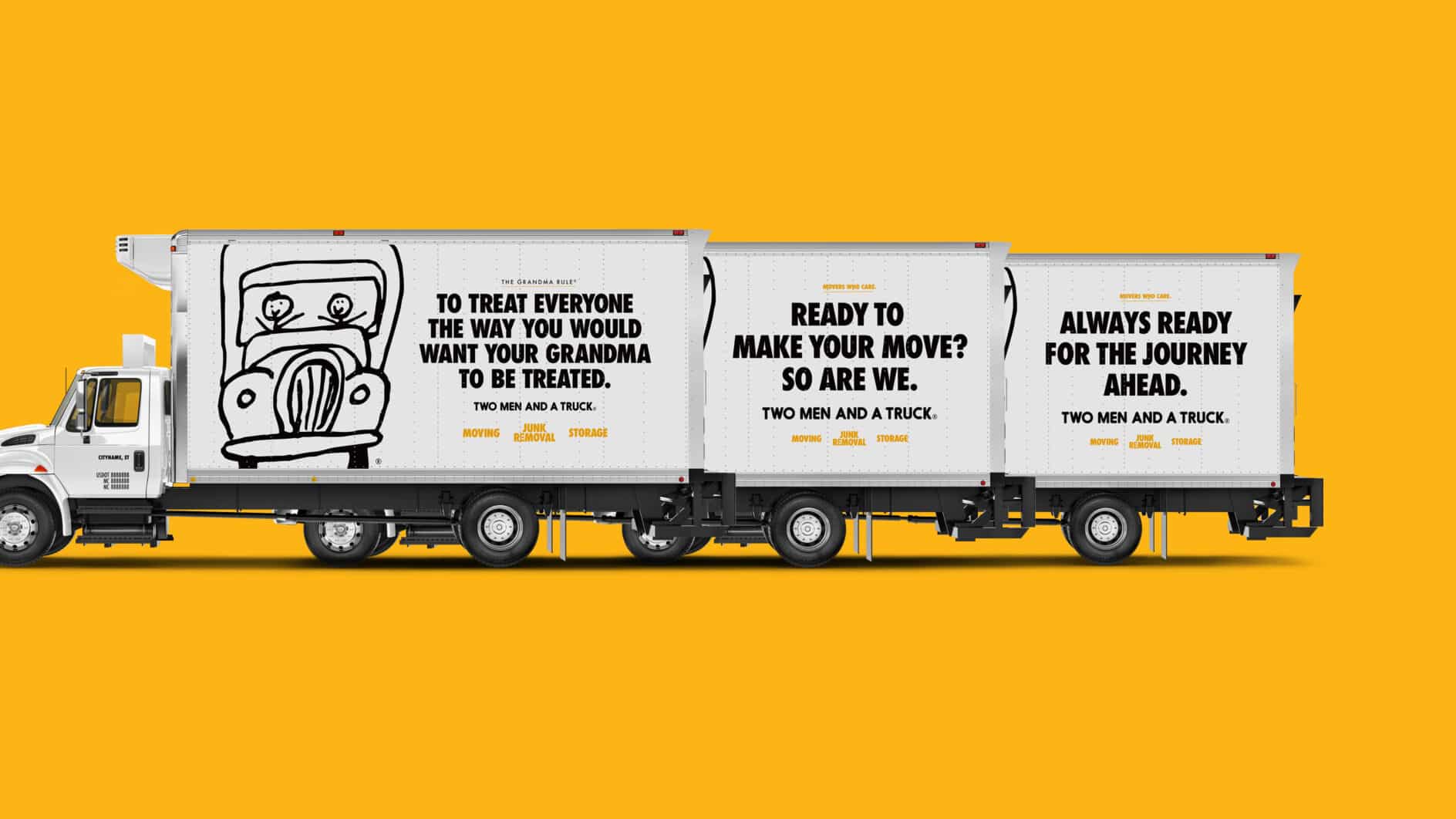A white moving truck with three connected sections displays bold black text and a cartoon truck illustration on a vibrant yellow background, promoting a moving company.