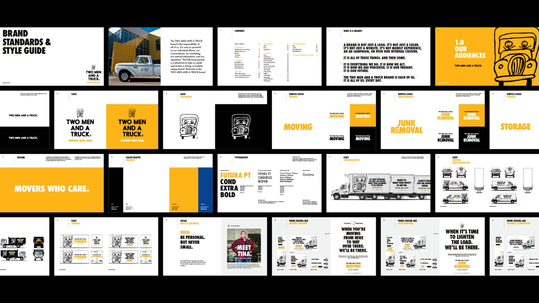 A collage of brand style guide pages for "Two Men and a Truck," featuring images of trucks, bold text, and color blocks in black, white, and yellow.