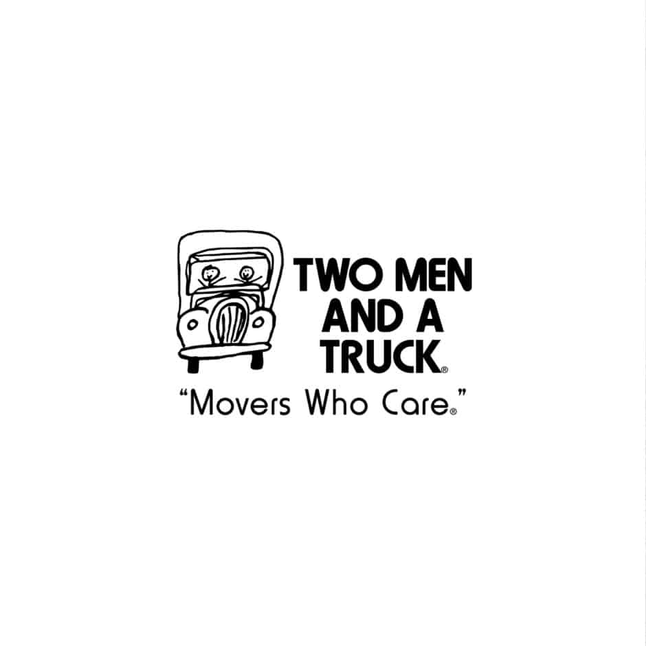 A simple cartoon truck with two smiling faces inside is next to bold text reading "Two Men and a Truck" and the tagline "Movers Who Care" below.