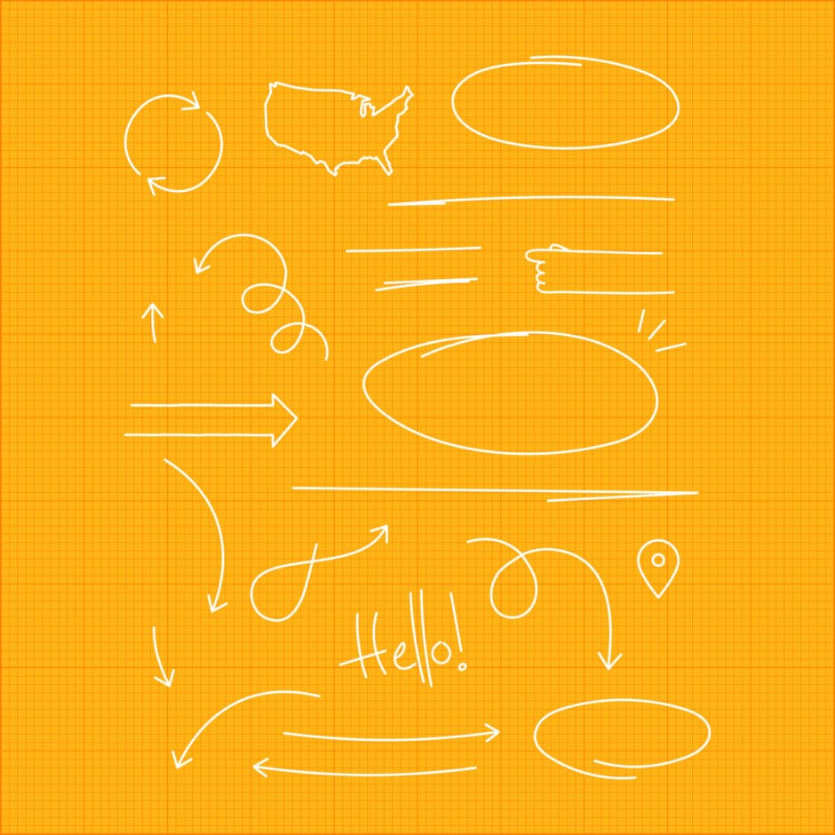 White doodles on an orange grid background depict arrows, circles, underlines, and a map outline, conveying a playful and creative tone.