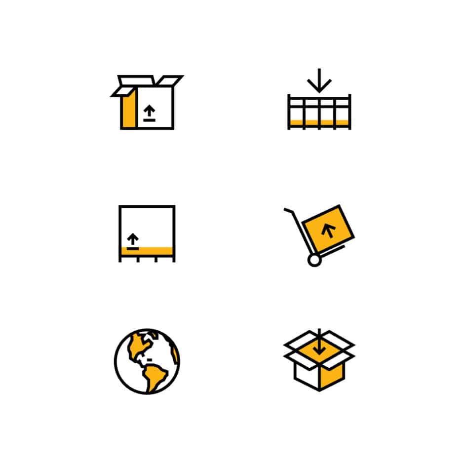 Icons related to shipping and logistics in a minimalist style. Includes boxes, a pallet, a cart, the globe, and arrows indicating movement or delivery.