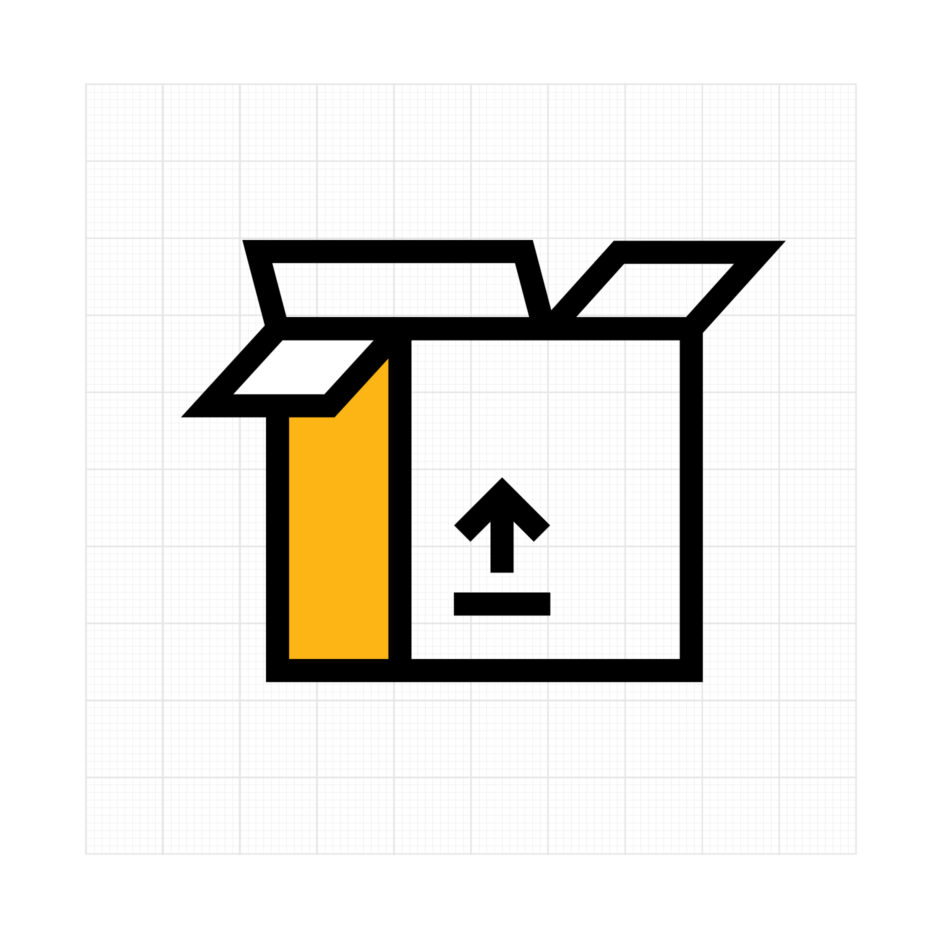 An open cardboard box illustration with yellow side and upward arrow symbol on the front. The box's bold lines convey a simple, modern design.