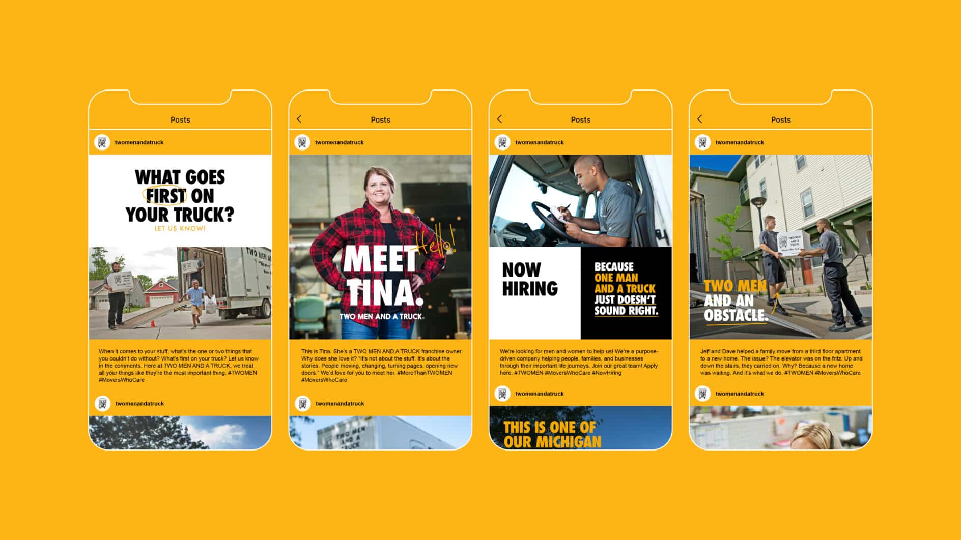 Four smartphone screens display social media posts by a moving company. Each post features images of workers and text with promotions and job openings. The vibrant yellow background conveys energy and positivity.