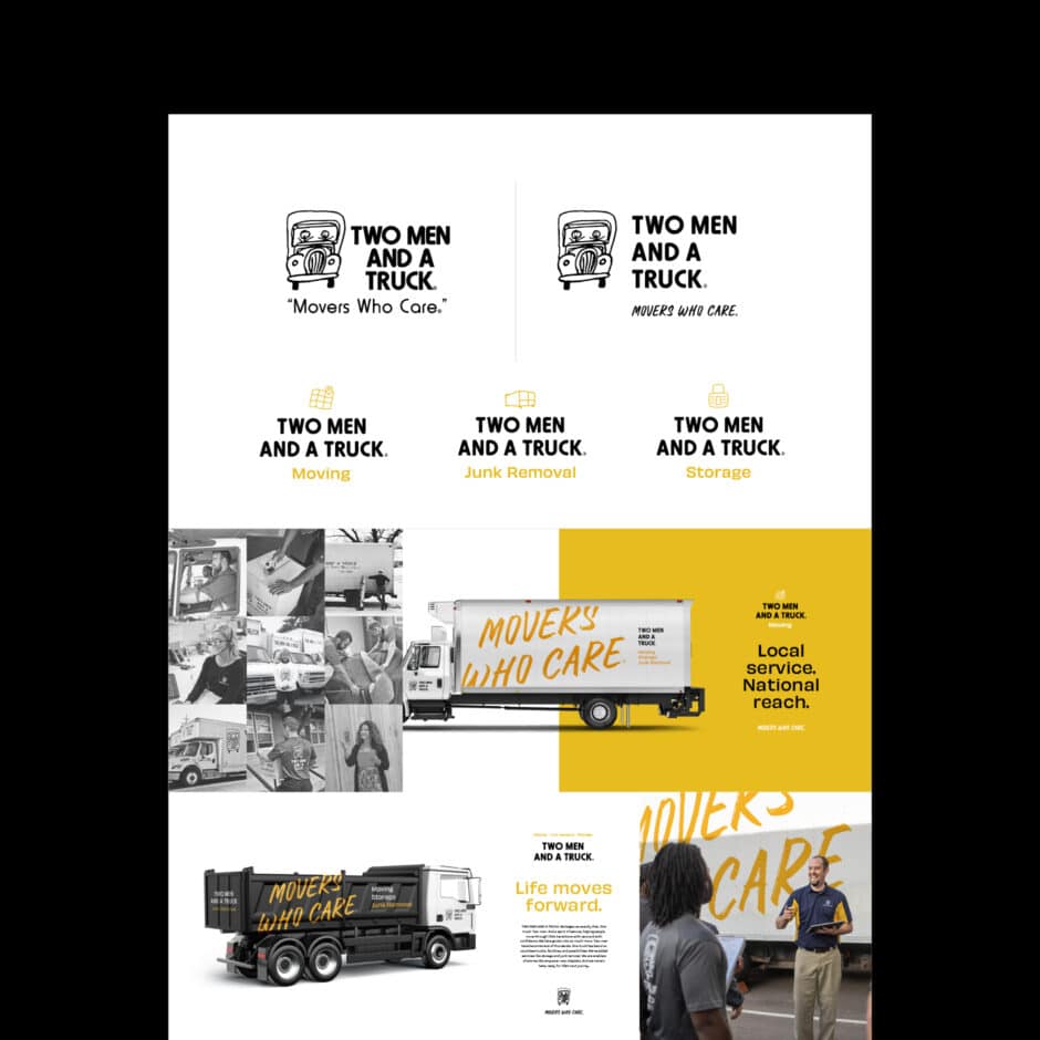 Collage of "Two Men and a Truck" branding for moving, junk removal, and storage. Images of trucks, staff, and a slogan, "Movers Who Care." Emphasizes service and reach.