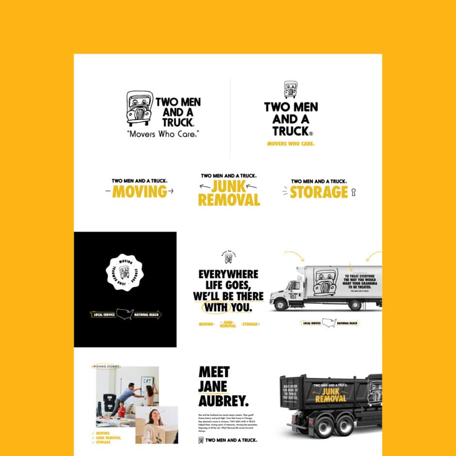 Grid layout with "Two Men and a Truck" logos, featuring phrases like "Movers Who Care," "Junk Removal," and "Storage." Includes trucks and people, conveying reliability.
