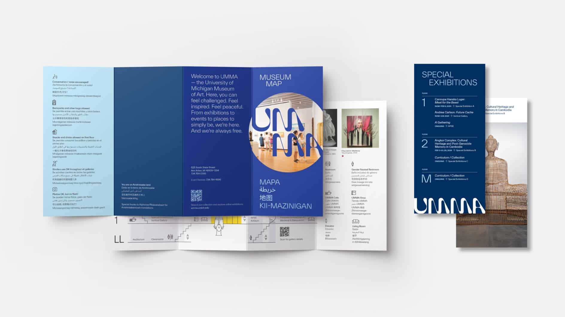 Museum brochure layout showing blue and white pages with text and images. Includes a map, special exhibitions, and a welcoming tone.