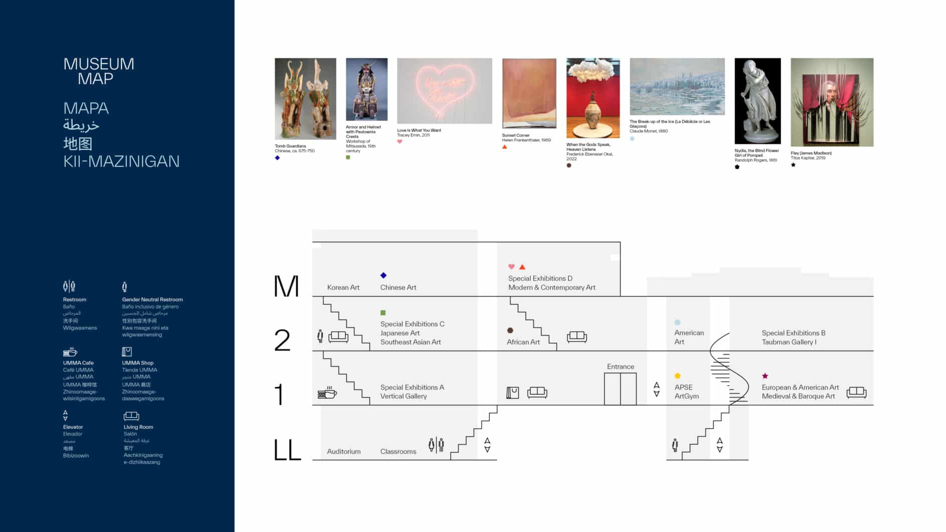Museum layout with a map showing four levels labeled M, 2, 1, and LL. Artworks displayed at the top include statues, a neon heart, and colorful paintings. The left section lists visitor services in multiple languages.