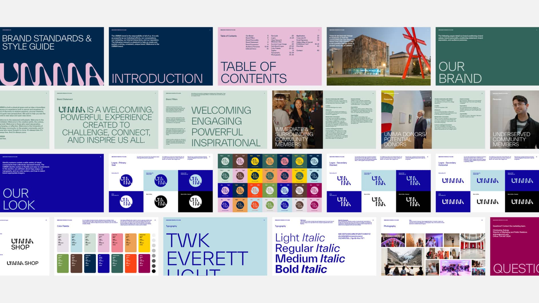Collage of a brand guide featuring various text designs, color palettes, and logo styles. Includes vibrant colors and a modern, creative feel.