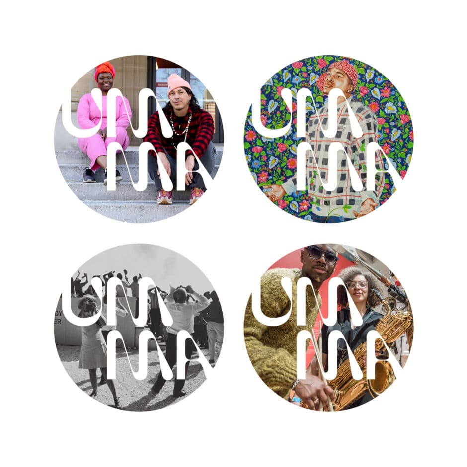Four circular images featuring diverse scenes: a smiling duo in colorful attire, a vibrant floral backdrop, a black-and-white dance moment, and a stylish pair with saxophones. The letters "UMMA" overlay each image, conveying a lively and artistic tone.