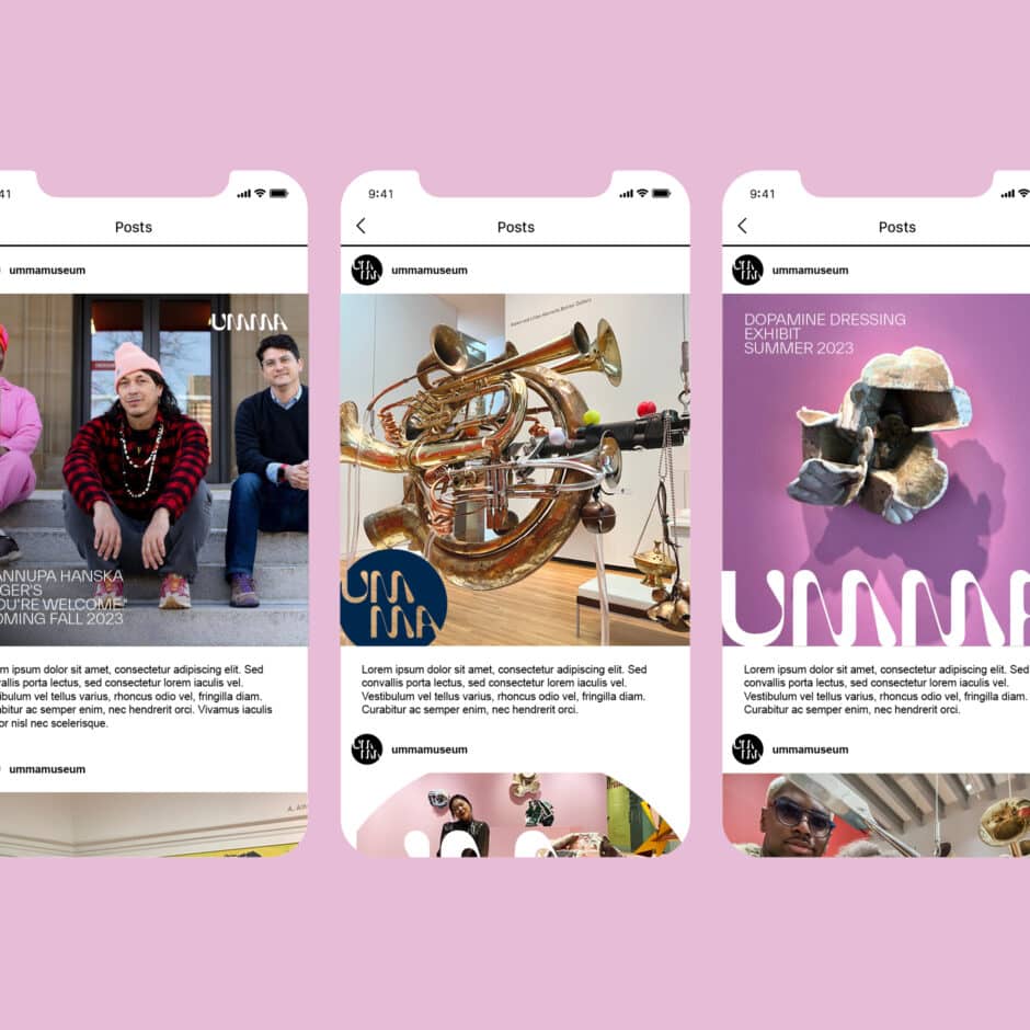 Three smartphone screens show museum content. Left: three people seated, text reads "Native Welcome." Middle: tangled brass instruments, exhibit title. Right: abstract sculpture on pink.