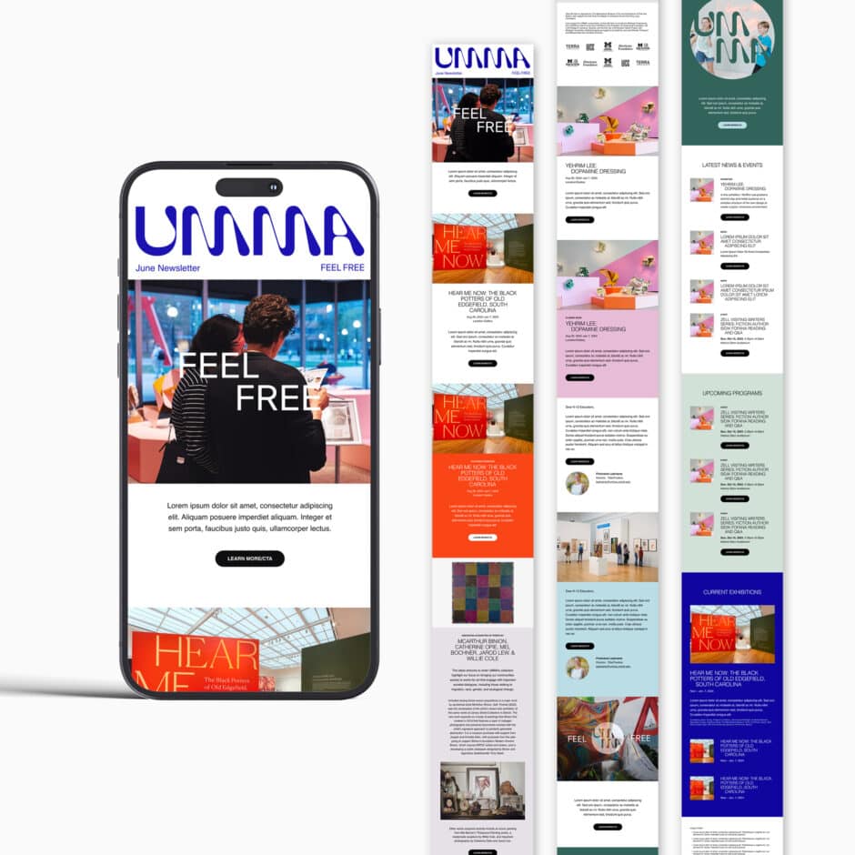 A smartphone displays a newsletter with bold text "FEEL FREE" and a couple looking at art. Next to it, a colorful vertical newsletter layout showcases various sections, including latest news, events, and exhibitions, creating an engaging, vibrant tone.