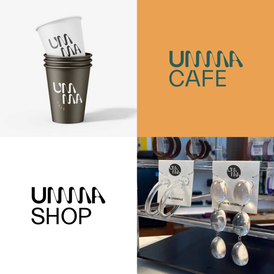 Stacked cups and logo reading "UMMA Cafe" in a modern typeface on orange and white backgrounds, alongside clear earrings labeled "UMMA Shop." Sleek, contemporary design.