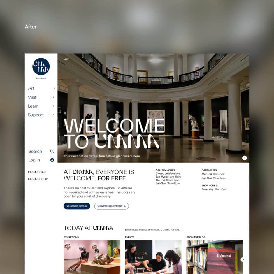 Homepage of a museum website featuring a grand hall with pillars and statues. Bold text reads 'Welcome to UMMA.' The design is modern and inviting, conveying an open, inclusive feel. Information about gallery, cafe, and shop hours is displayed.