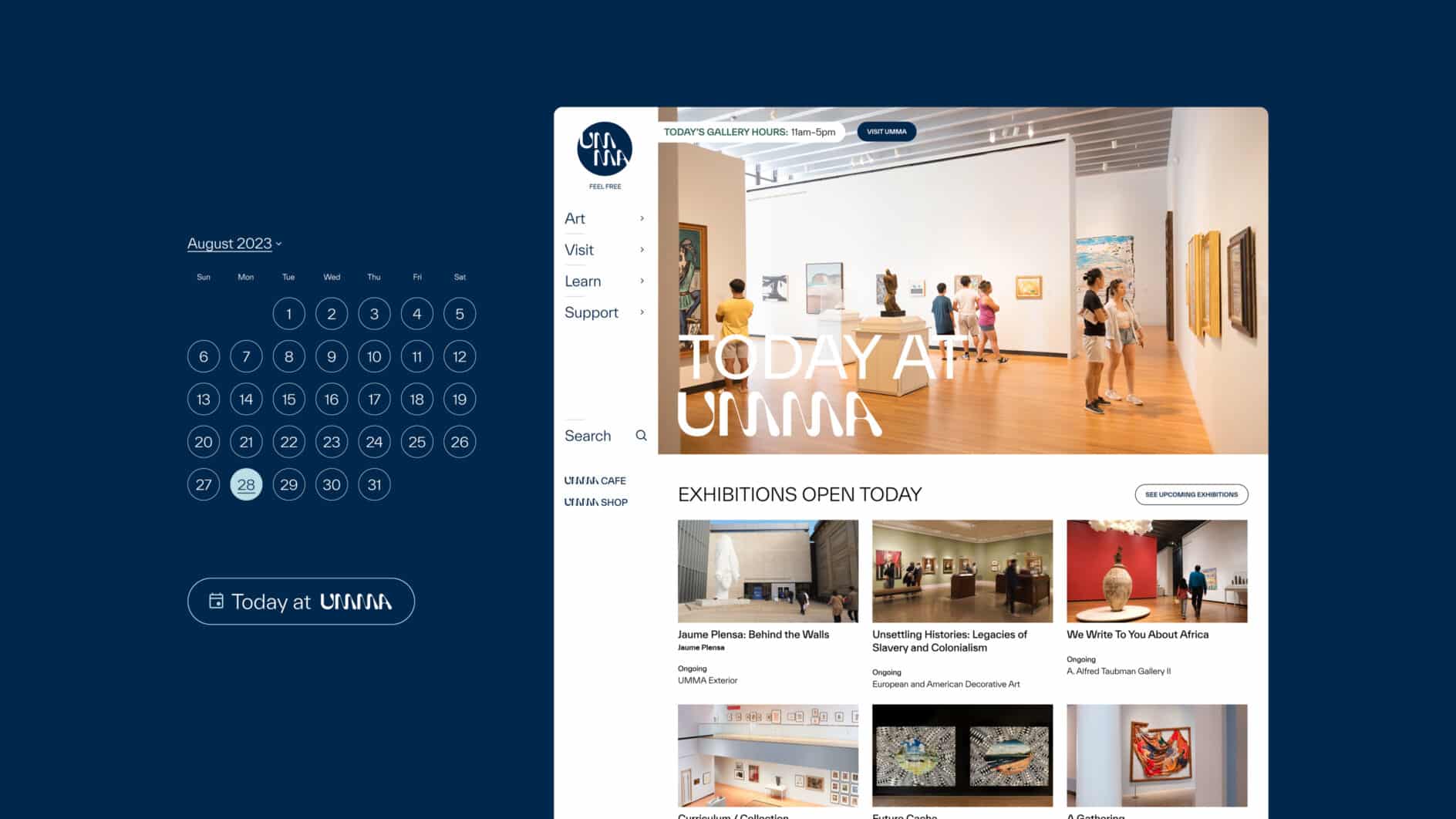 Screenshot of a museum's website featuring a calendar on the left highlighting August 28, 2023. Right side shows gallery room with visitors and artworks. Text reads "Today at UMMA."