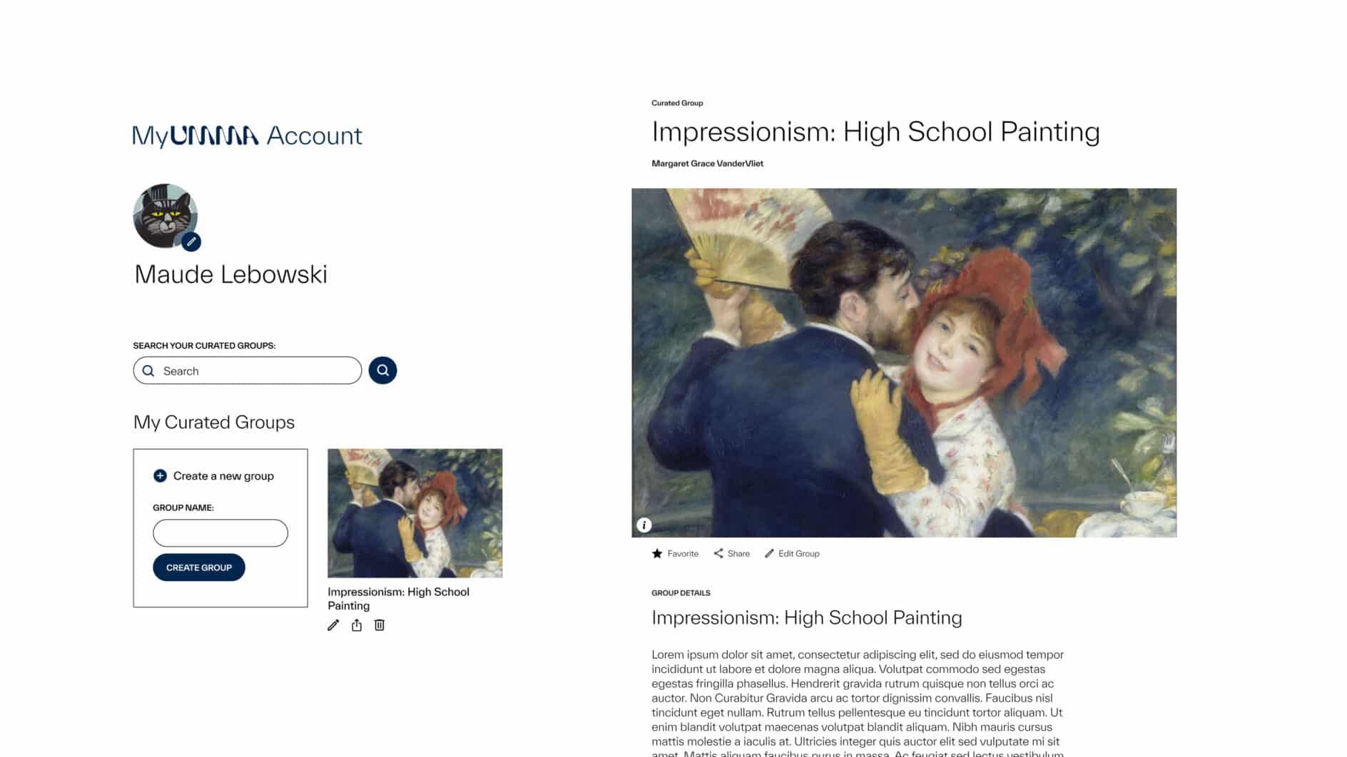 A user interface for MyUMMA Account with Maude Lebowski's profile. It features "Impressionism: High School Painting" group and Renoir's art image.