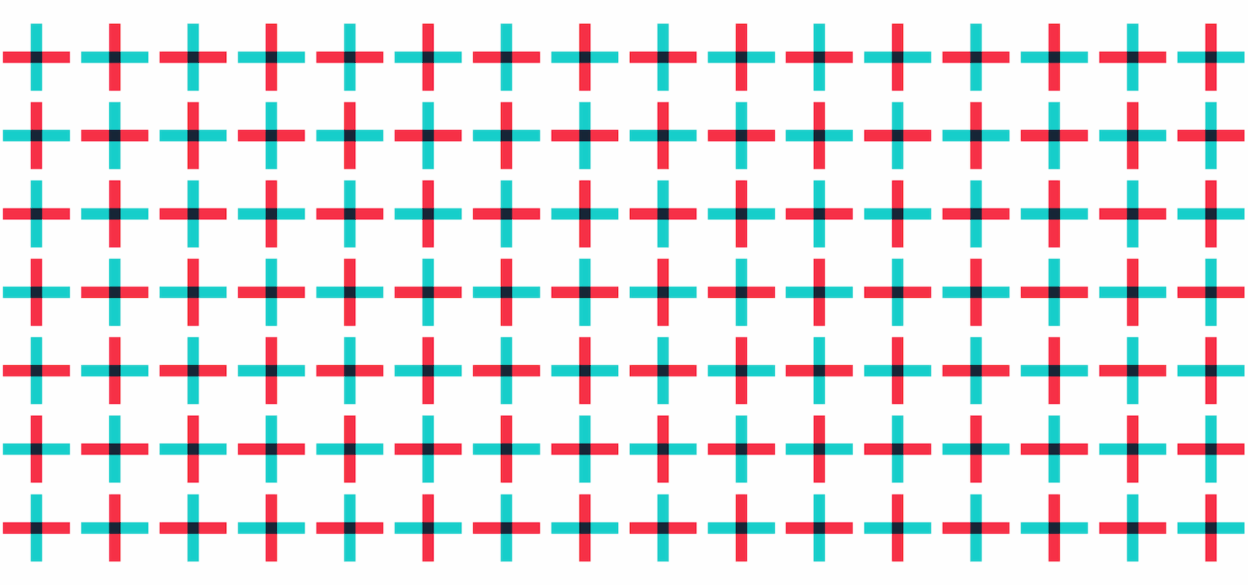 Pattern of overlapping red and blue crosses on white background, creating a grid with a repetitive geometric design and a playful, optical illusion effect.