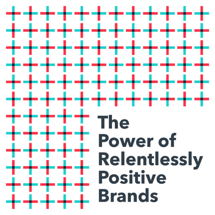Grid of red and teal plus signs on a white background with bold black text saying, "The Power of Relentlessly Positive Brands." Transition from pattern to text conveys a sense of optimism and energy.