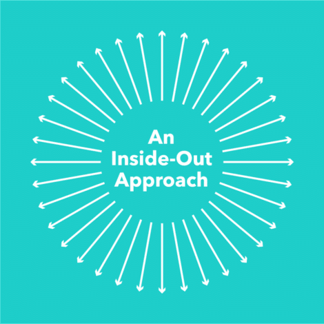 White arrows radiate outward in a circle around the text "An Inside-Out Approach" on a bright turquoise background, conveying dynamic outward energy.
