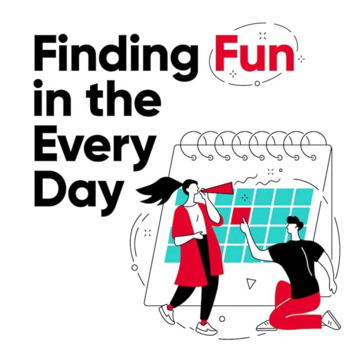 Illustration of a large calendar with a man and woman finding fun in every day. The woman holds a megaphone, and the man points, conveying excitement.