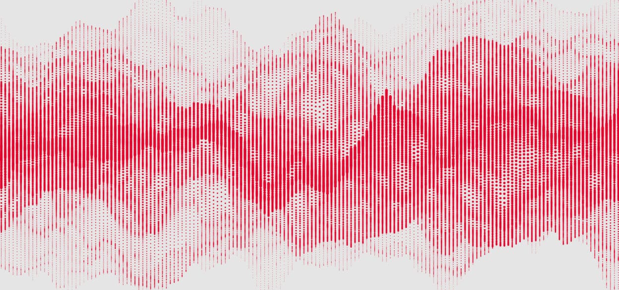 Abstract image with wavy red lines forming layered wave patterns against a light gray background. The design evokes a sense of rhythm and movement.