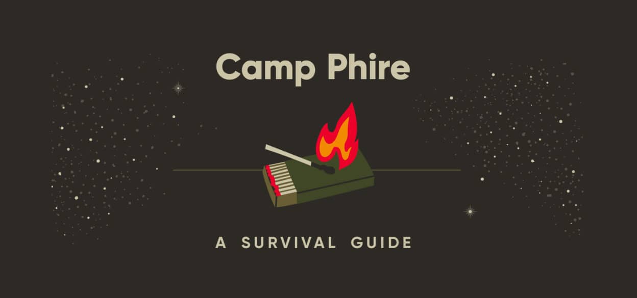 A matchbook with a burning match and flame, titled "Camp Phire" with "A Survival Guide" below. Background features starry night sky.