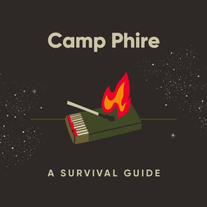 Dark background with "Camp Phire" and "A Survival Guide" in cream text. Illustration of a lit matchbox with a flame, surrounded by starry specks.