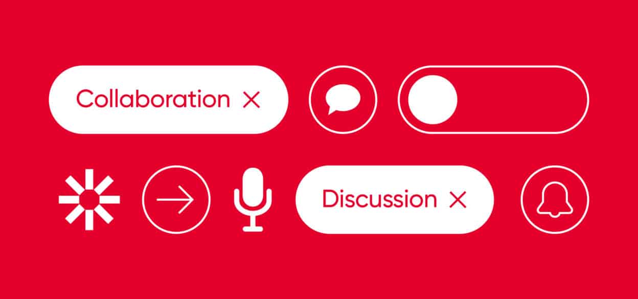 Red background with white icons for collaboration, discussion, speech, toggle, loading, arrow, microphone, and notification bell. Minimalistic design.