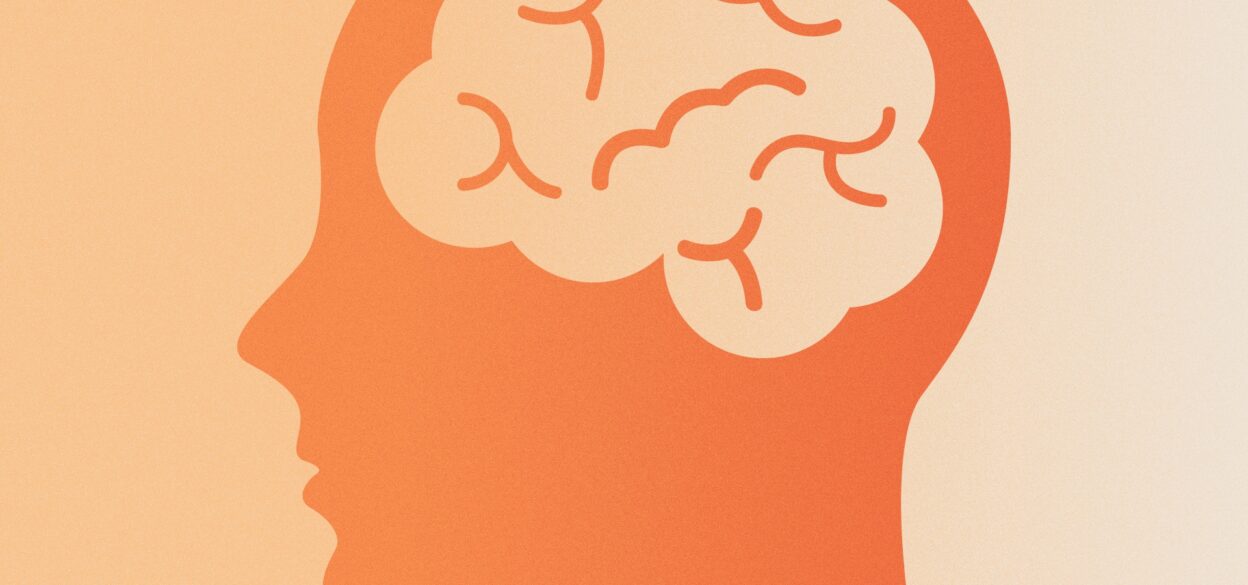 Silhouette of a human head in profile with a stylized brain inside, using shades of orange. The image conveys themes of thought and intellect.