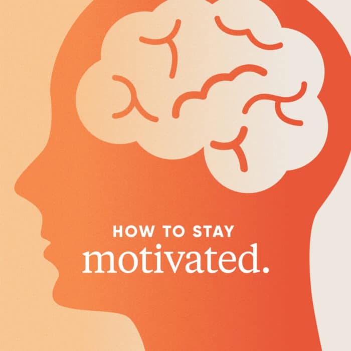 Silhouette of a head with a brain pattern on an orange gradient background. Text reads: "How to stay motivated." The tone is informative and encouraging.