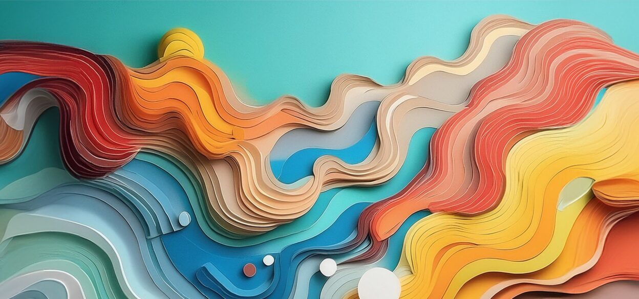 Abstract image with layered, wavy shapes in vibrant colors like orange, blue, and yellow. The composition resembles flowing water and evokes a sense of movement.