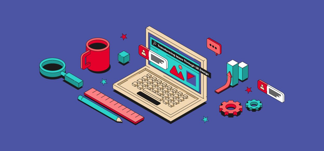 A colorful, isometric illustration of a laptop on a purple background. Surrounding it are icons of a magnifying glass, coffee mug, ruler, pencil, and gears, conveying a creative and tech-focused theme.
