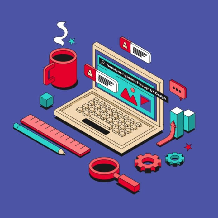 Isometric illustration of a laptop displaying "Transforming Ideas Through UX Design," surrounded by tech symbols, a coffee mug, ruler, pencil, and gears.